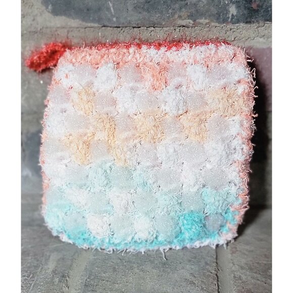 Sea foam green and coral shower scrubby - Picture 1 of 7
